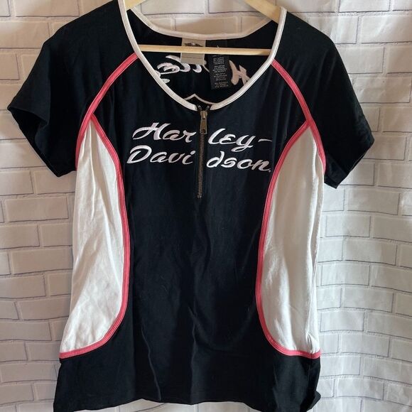 Harley Davidson Black Colorblock Half Zip Top Sz L - Picture 1 of 6